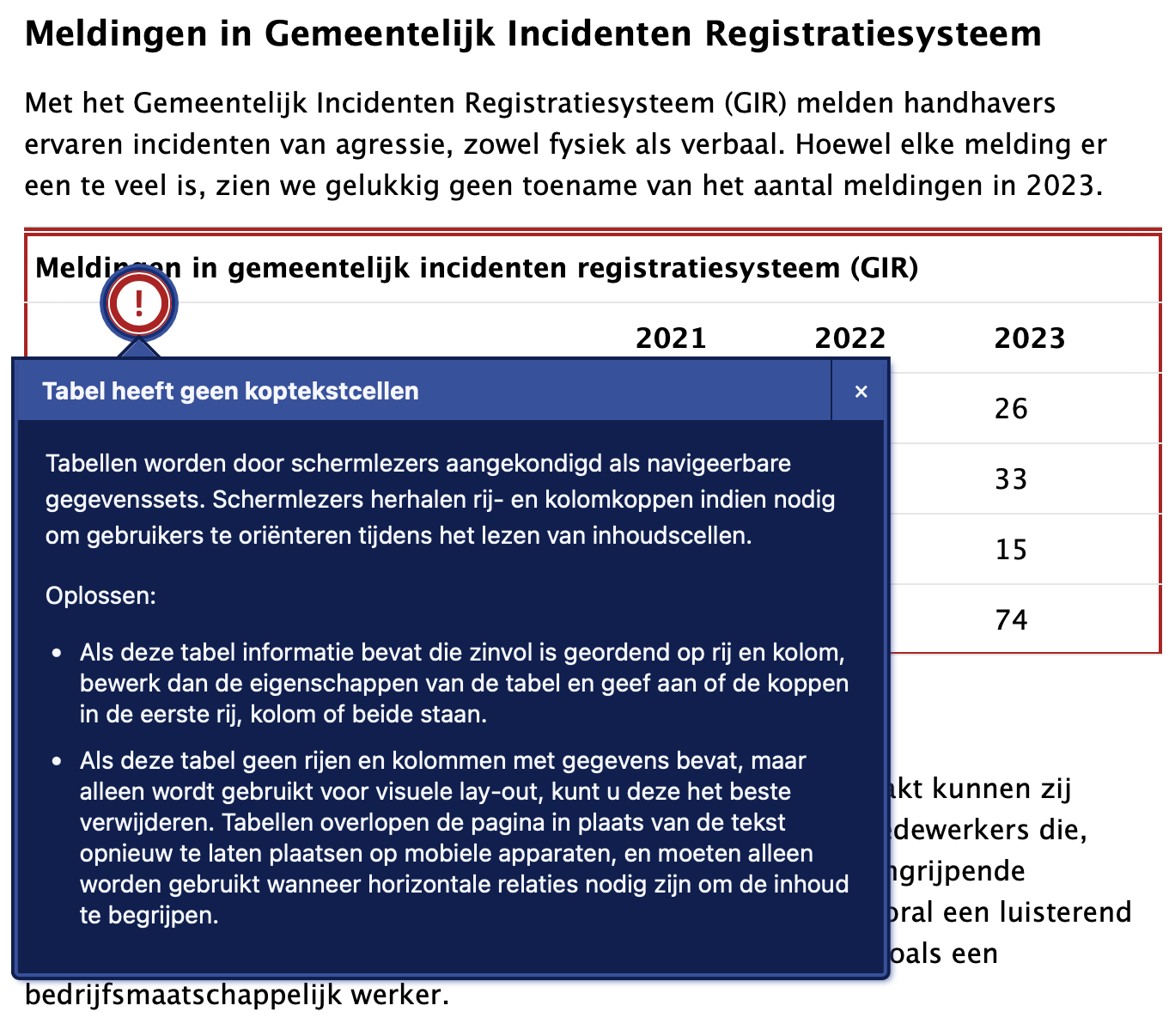 Waarschuwing voor de redactie bij een tabel die niet digitaal toegankelijk is