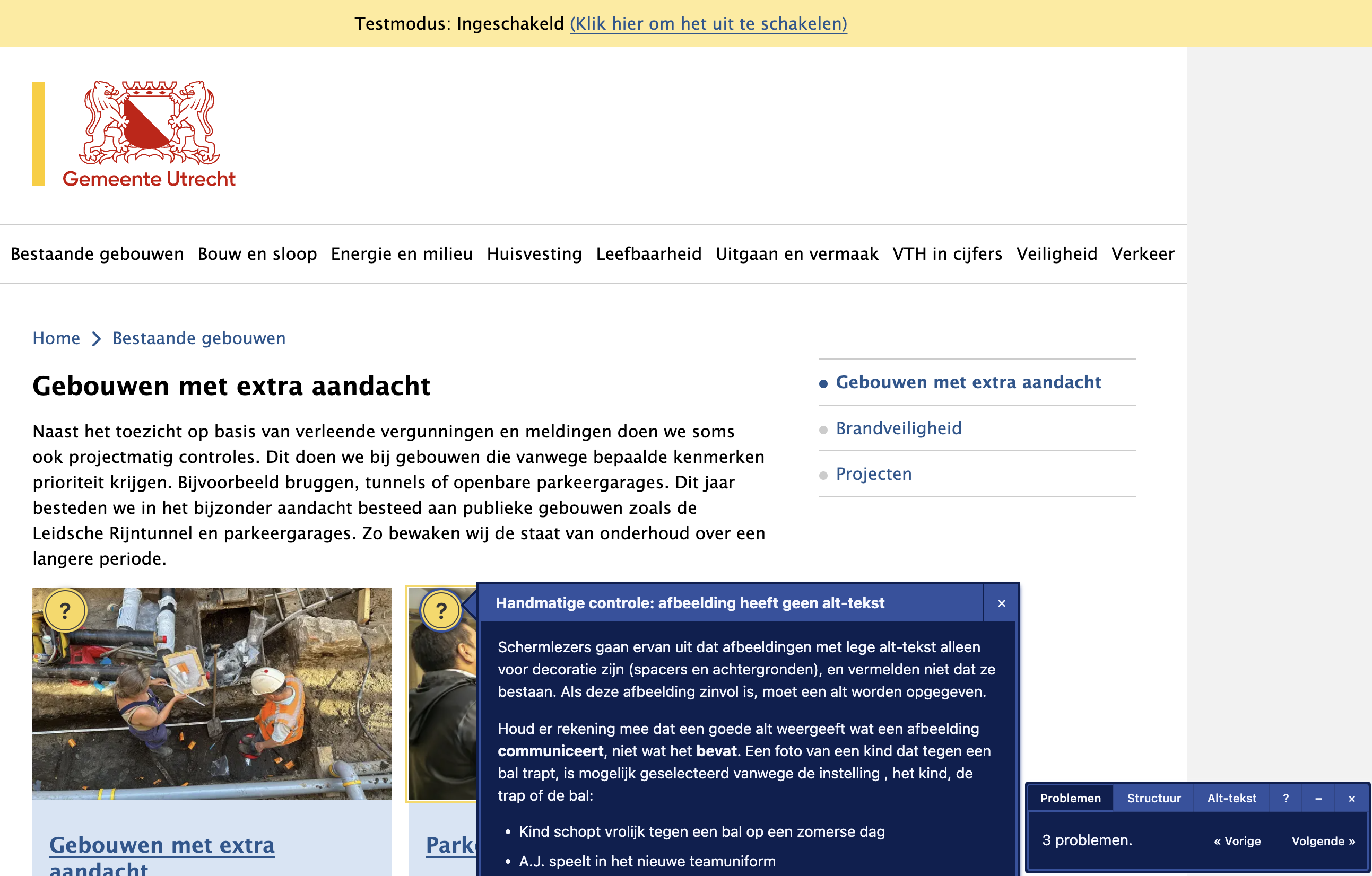 Screenshot van een Preview van een thema, waarbij Editoria11y een probleem heeft gevonden: afbeelding zonder alt-tekst.